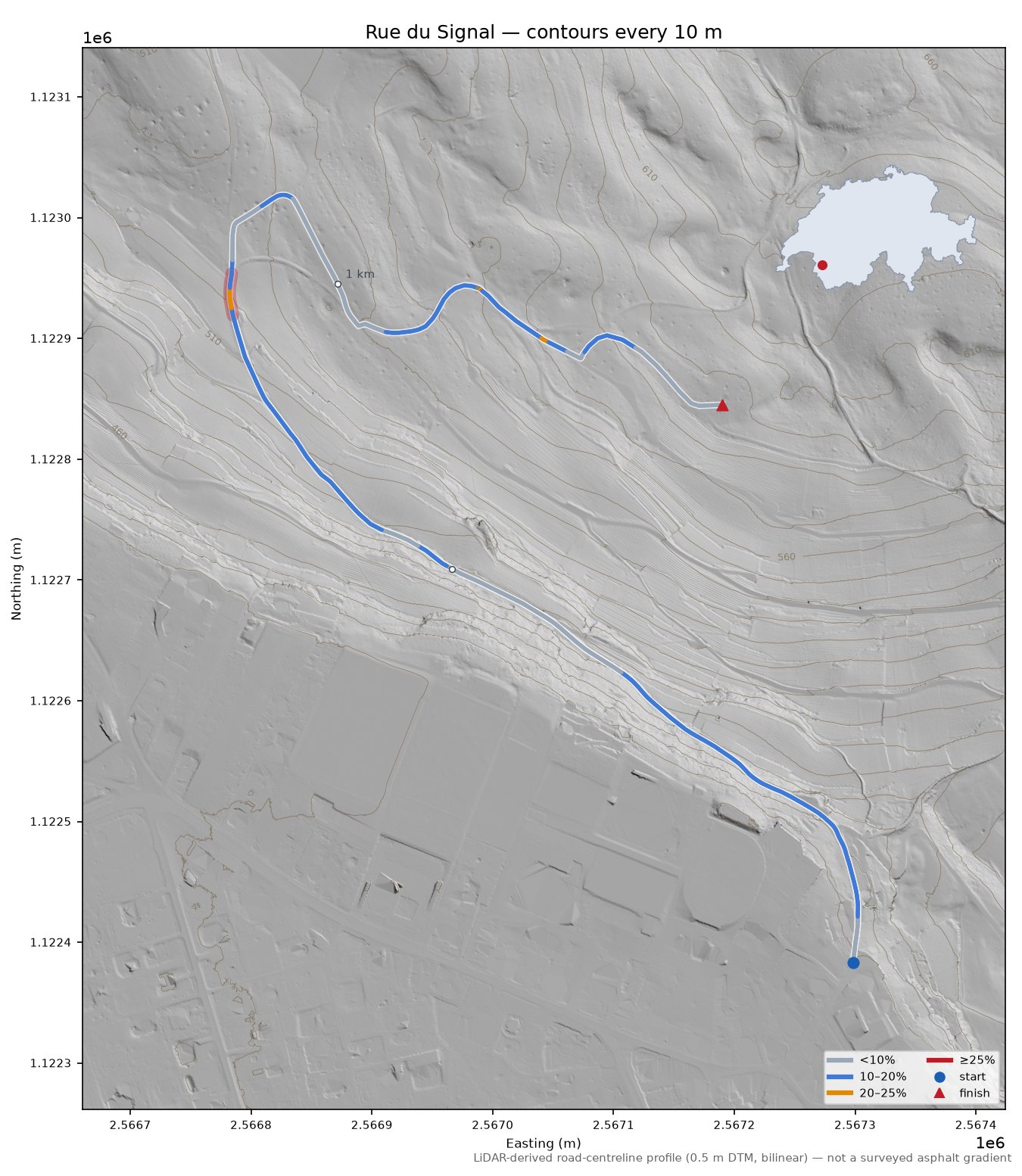 Rue du Signal LiDAR hillshade map with contours