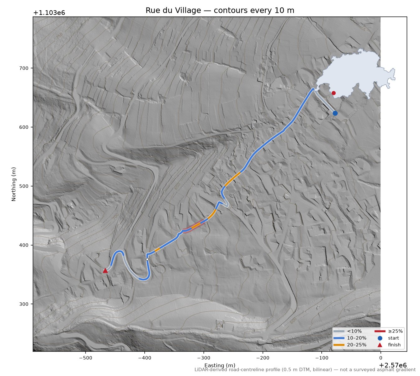 Rue du Village LiDAR hillshade map with contours