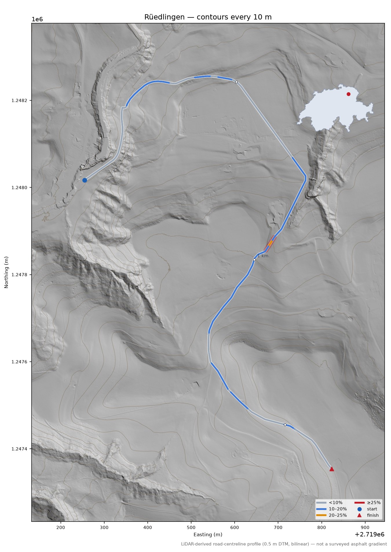 Rüedlingen LiDAR hillshade map with contours