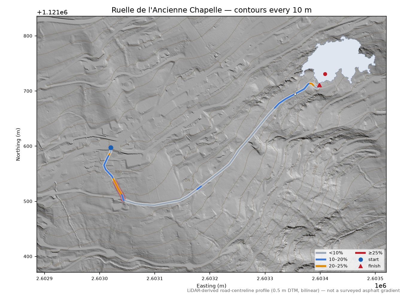 Ruelle de l'Ancienne Chapelle LiDAR hillshade map with contours