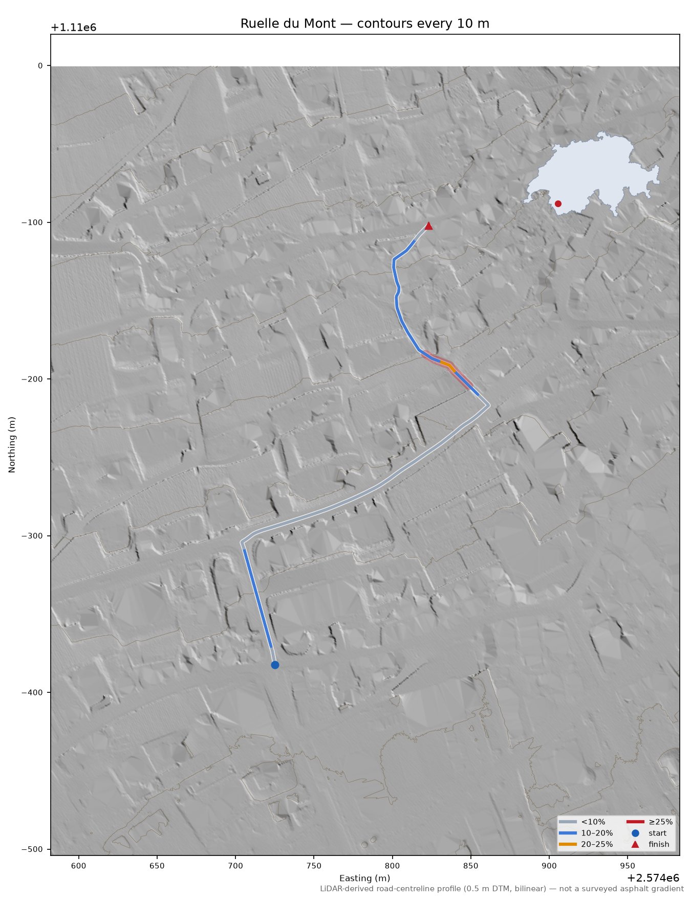 Ruelle du Mont LiDAR hillshade map with contours