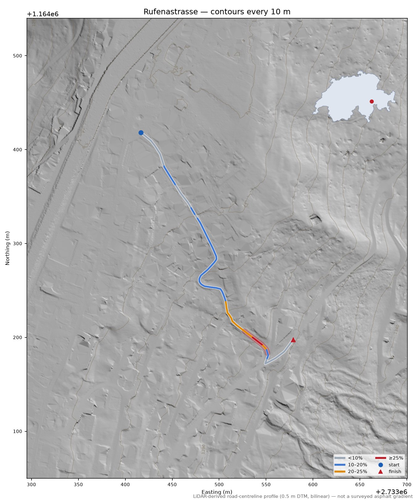 Rufenastrasse LiDAR hillshade map with contours