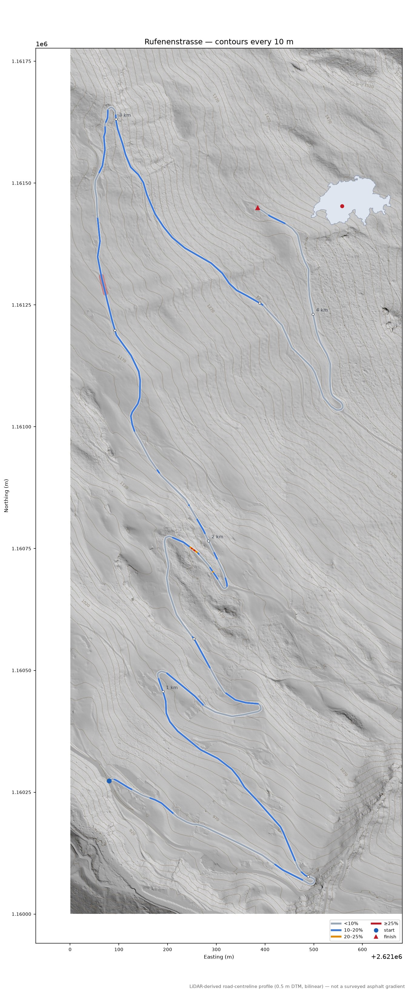 Rufenenstrasse LiDAR hillshade map with contours