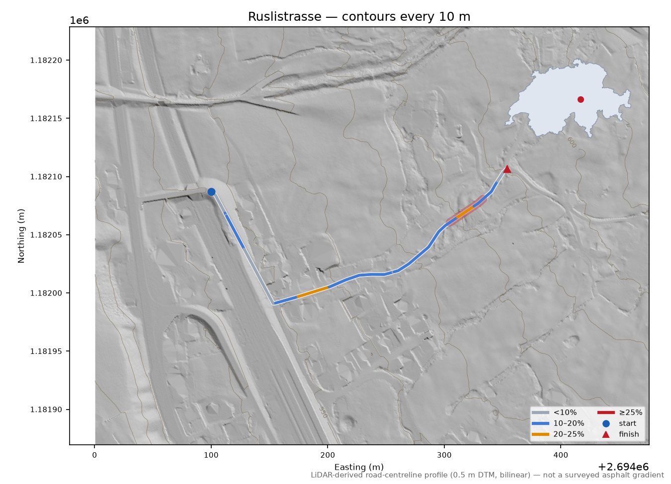 Ruslistrasse LiDAR hillshade map with contours