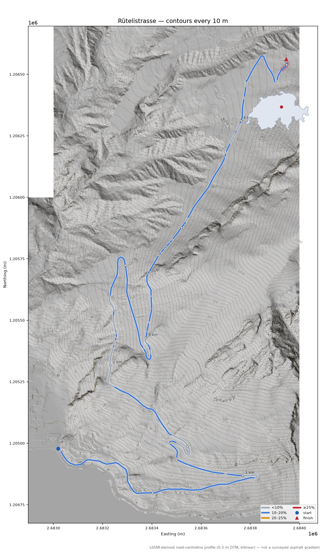 Rütelistrasse LiDAR hillshade map with contours