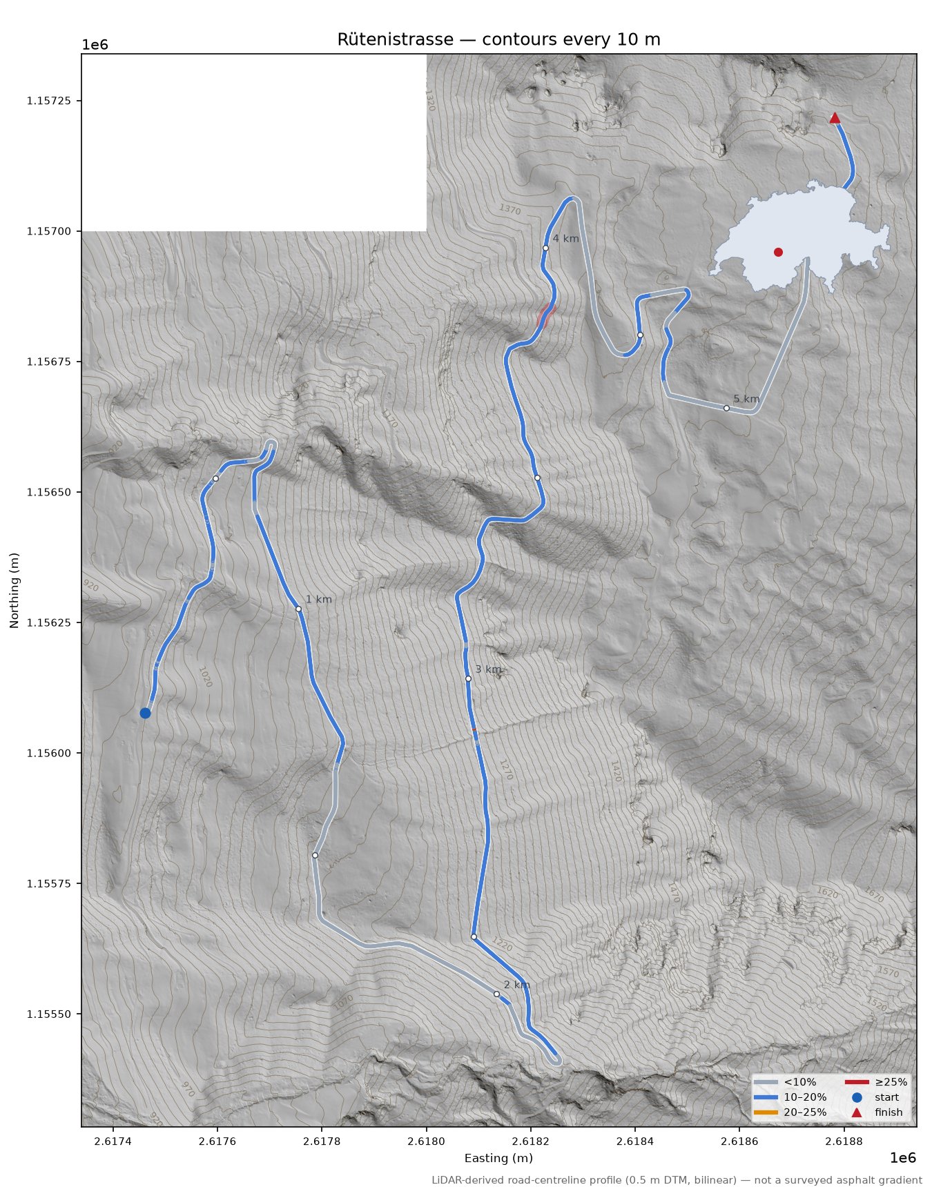 Rütenistrasse LiDAR hillshade map with contours