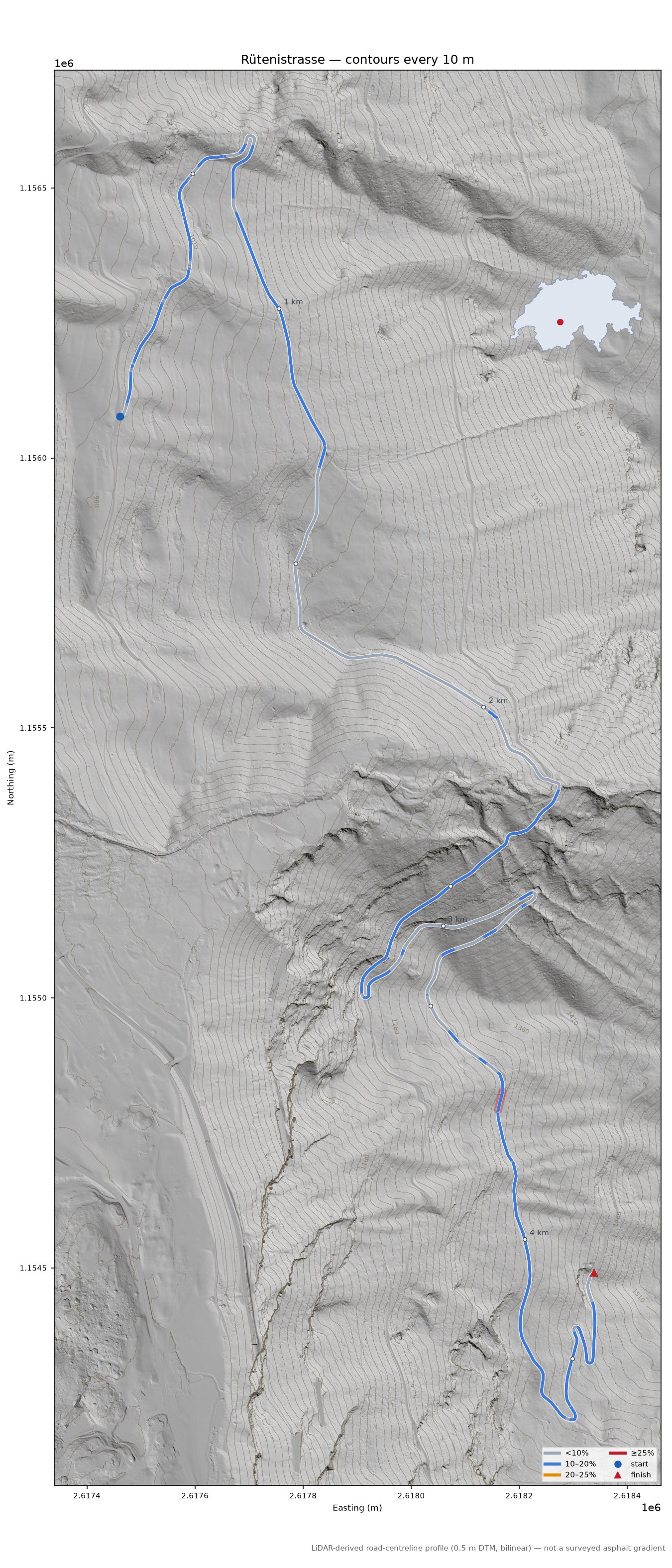 Rütenistrasse LiDAR hillshade map with contours