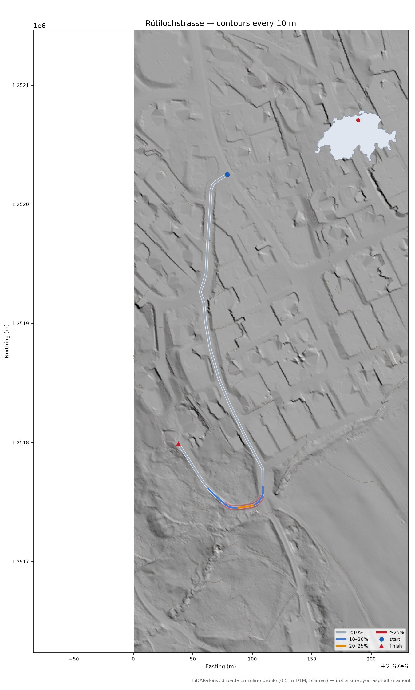 Rütilochstrasse LiDAR hillshade map with contours