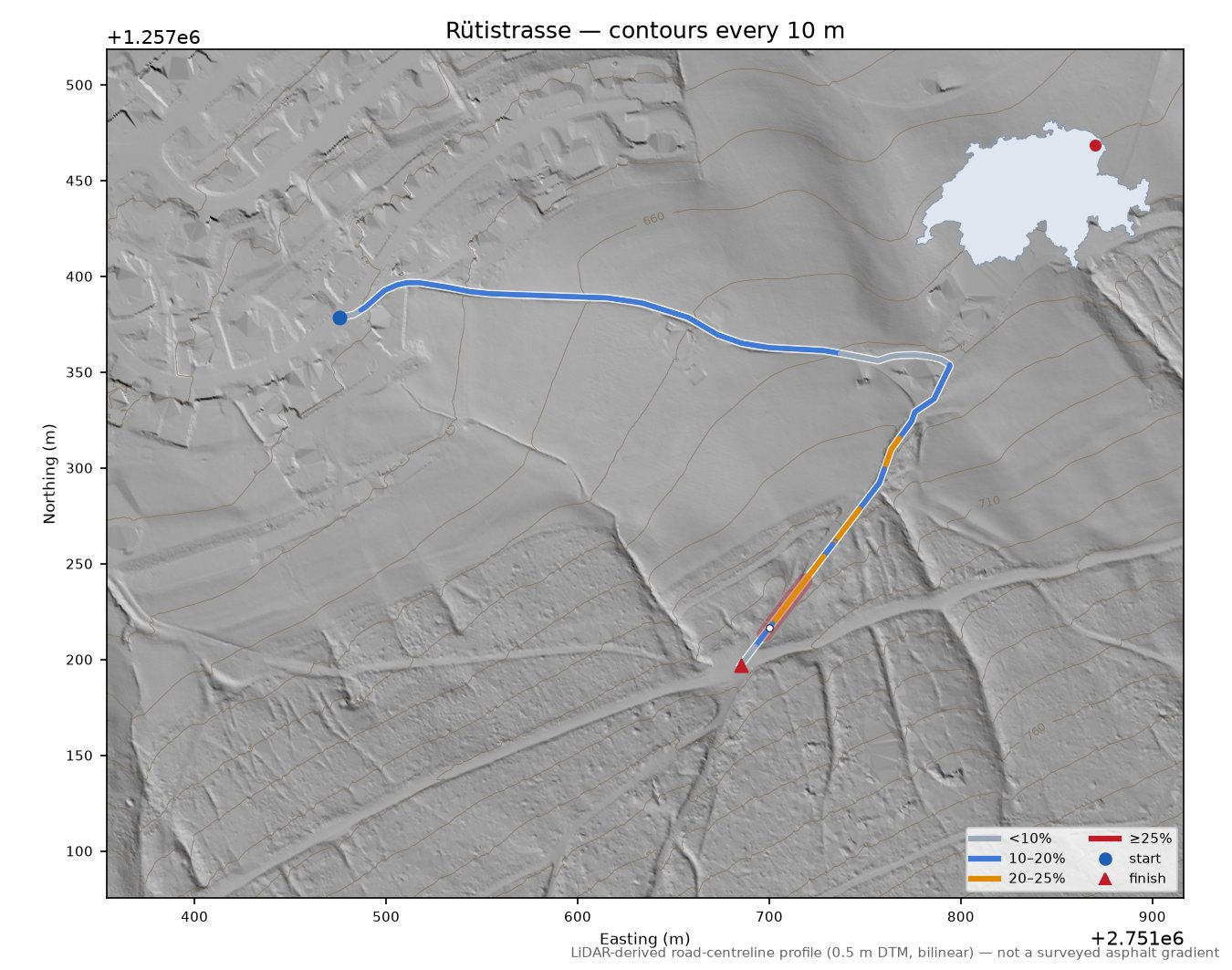 Rütistrasse LiDAR hillshade map with contours