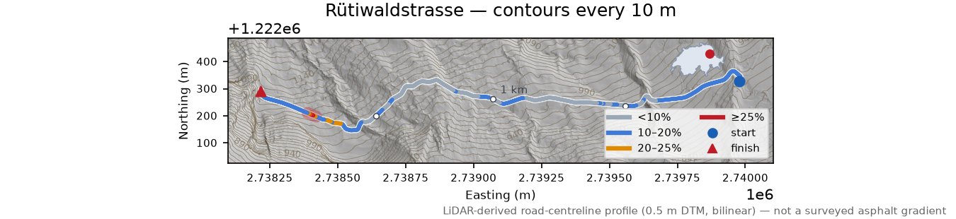 Rütiwaldstrasse LiDAR hillshade map with contours