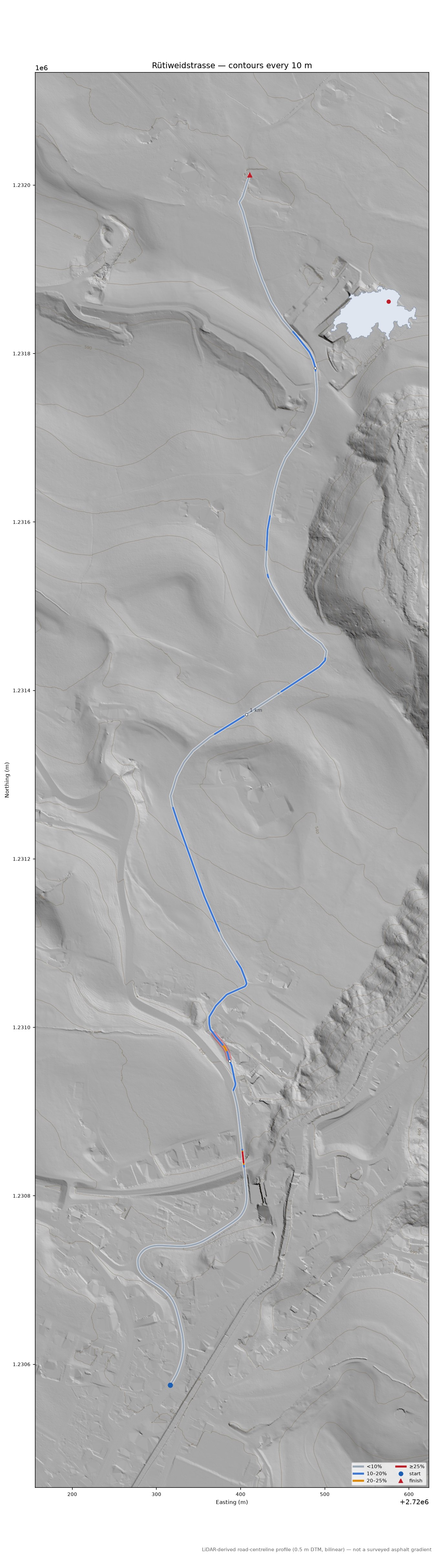 Rütiweidstrasse LiDAR hillshade map with contours