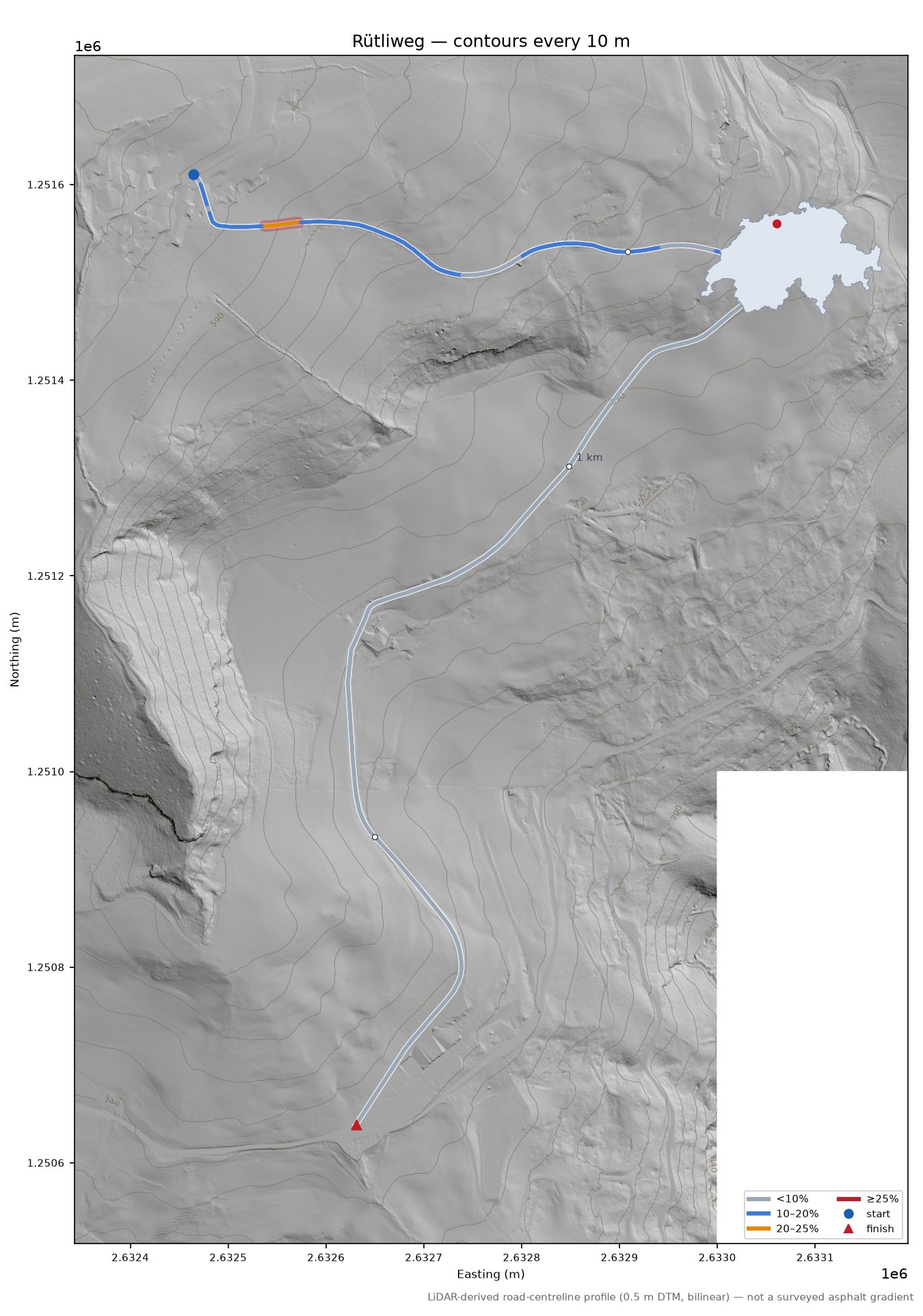 Rütliweg LiDAR hillshade map with contours