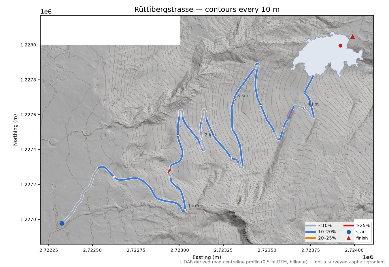 Rüttibergstrasse LiDAR hillshade map with contours