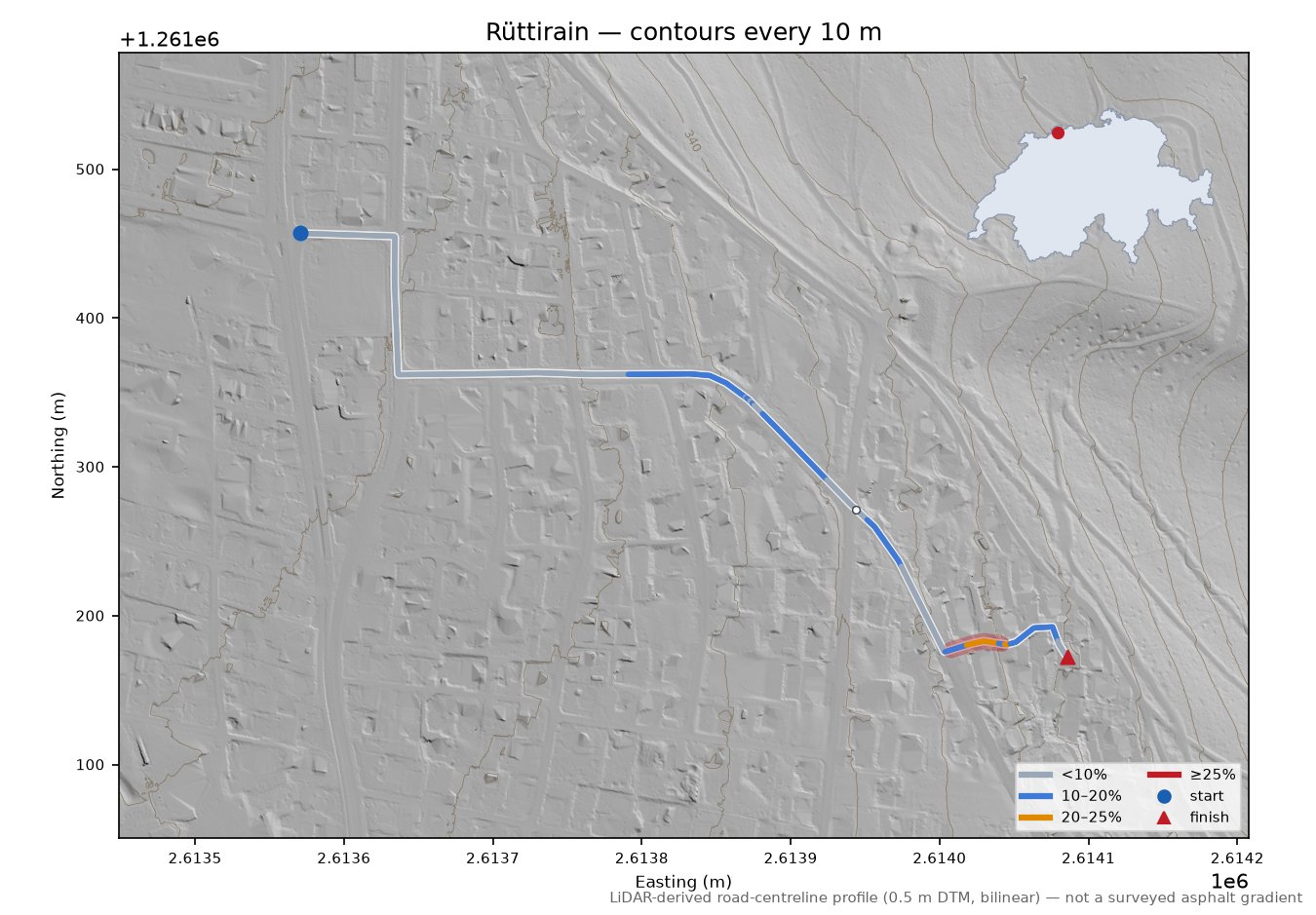 Rüttirain LiDAR hillshade map with contours