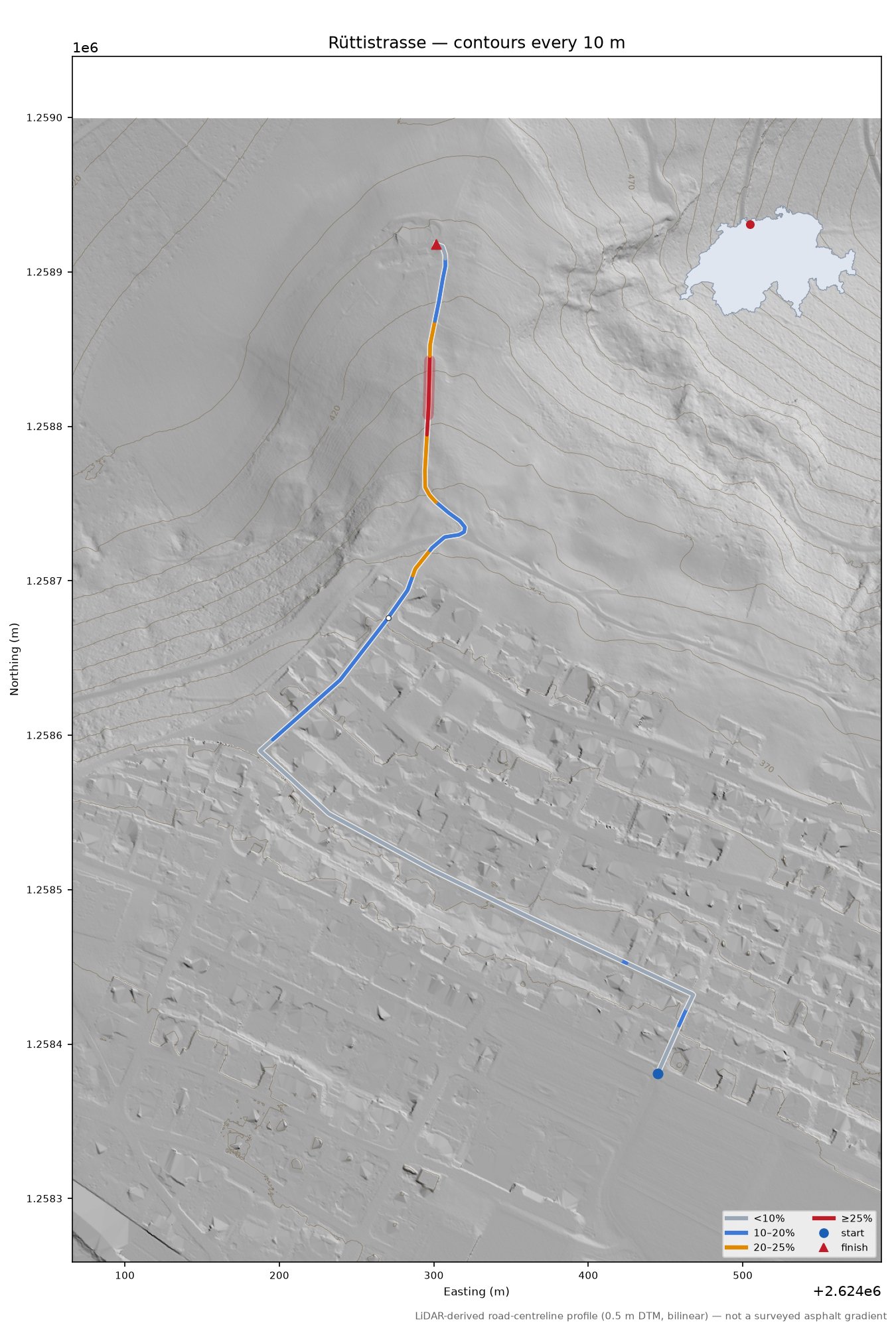 Rüttistrasse LiDAR hillshade map with contours
