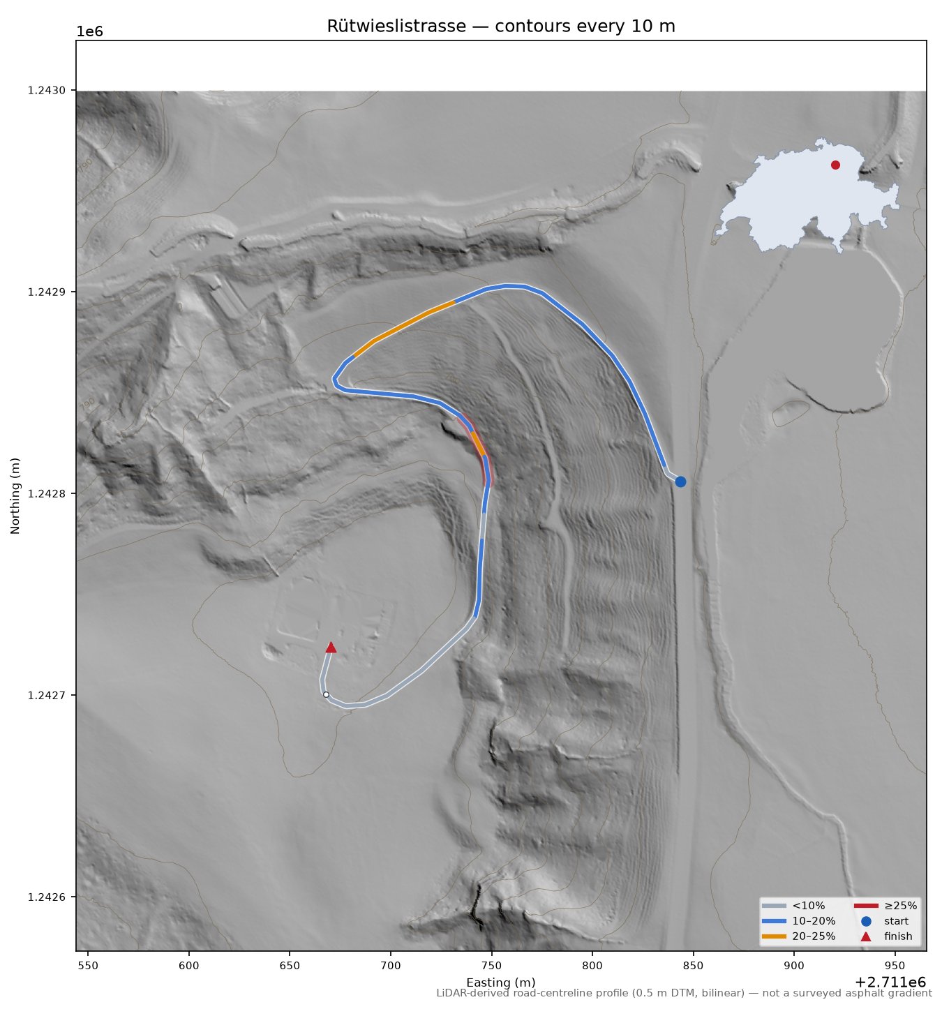 Rütwieslistrasse LiDAR hillshade map with contours