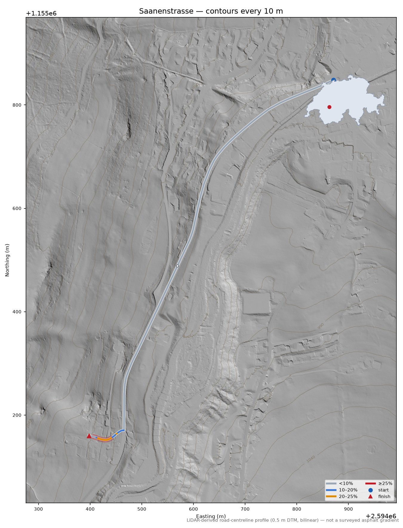 Saanenstrasse LiDAR hillshade map with contours
