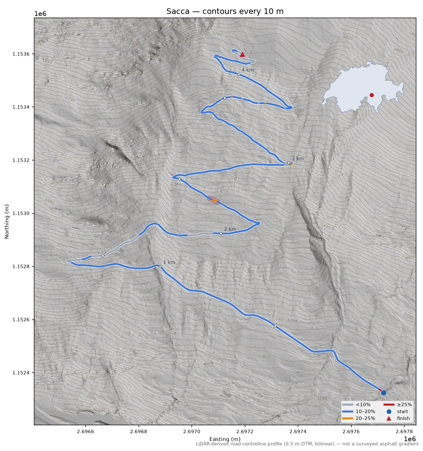 Sacca LiDAR hillshade map with contours