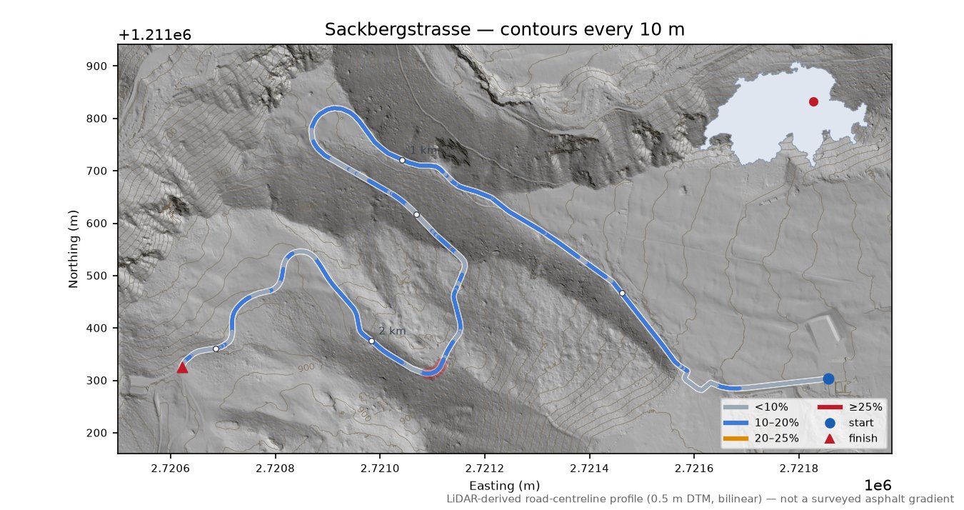 Sackbergstrasse LiDAR hillshade map with contours
