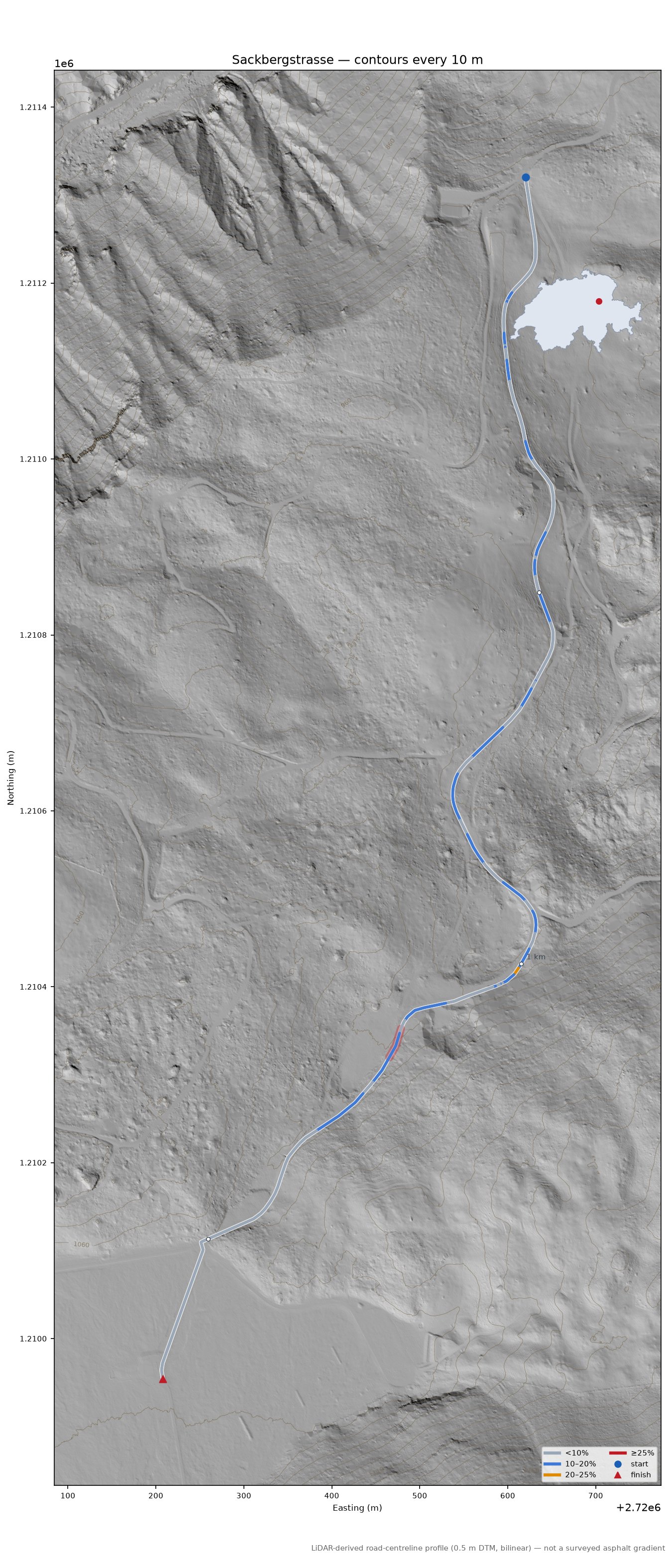 Sackbergstrasse LiDAR hillshade map with contours