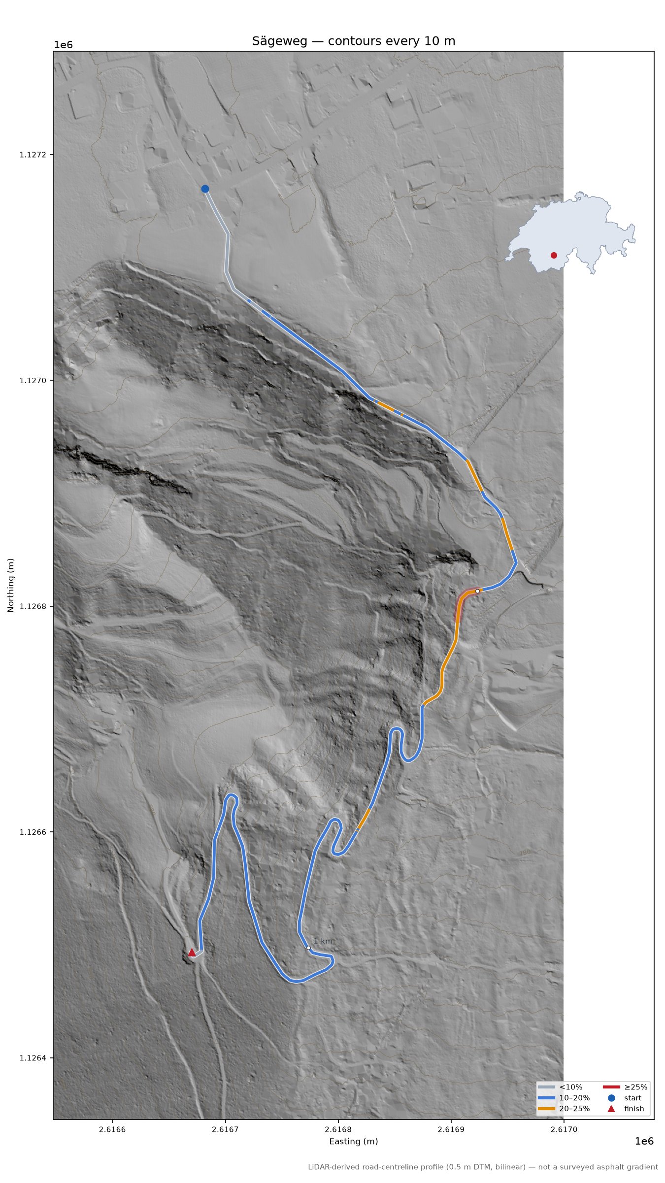 Sägeweg LiDAR hillshade map with contours
