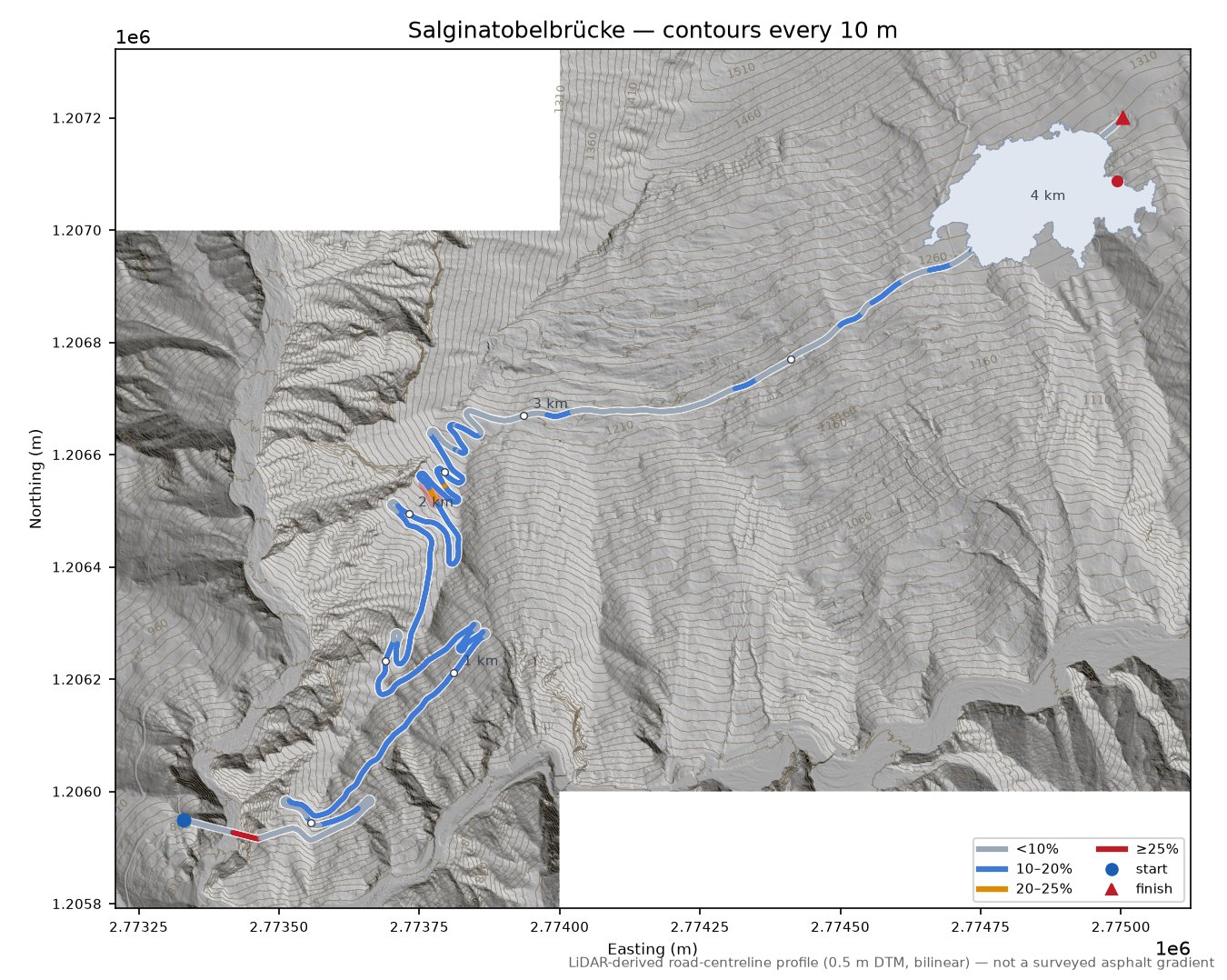 Salginatobelbrücke LiDAR hillshade map with contours