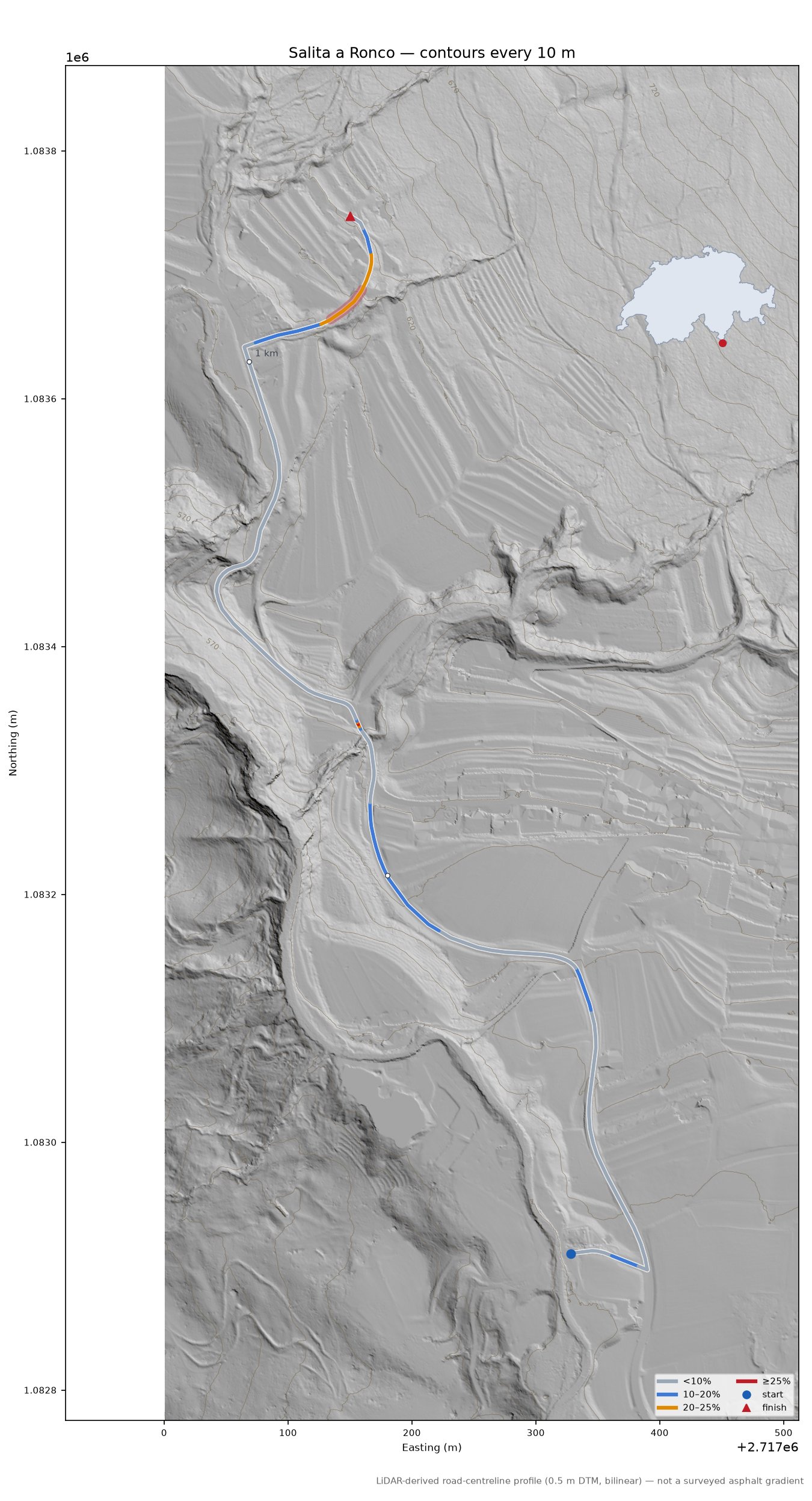 Salita a Ronco LiDAR hillshade map with contours