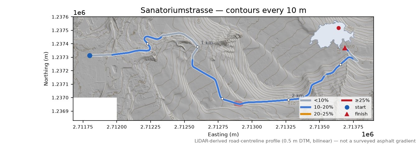 Sanatoriumstrasse LiDAR hillshade map with contours