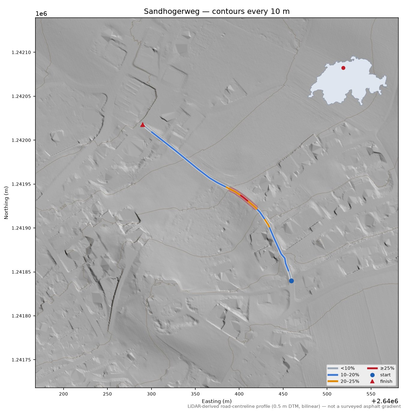 Sandhogerweg LiDAR hillshade map with contours