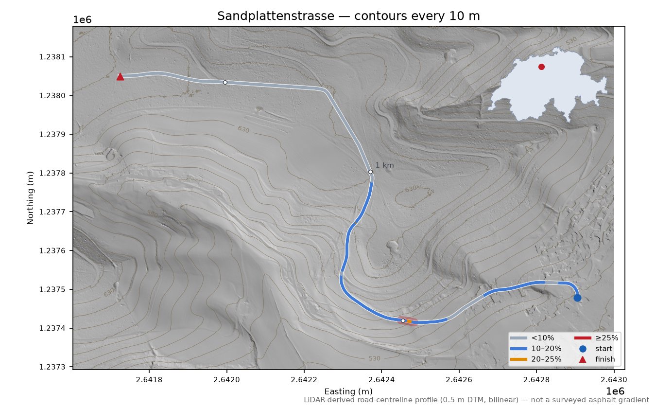 Sandplattenstrasse LiDAR hillshade map with contours