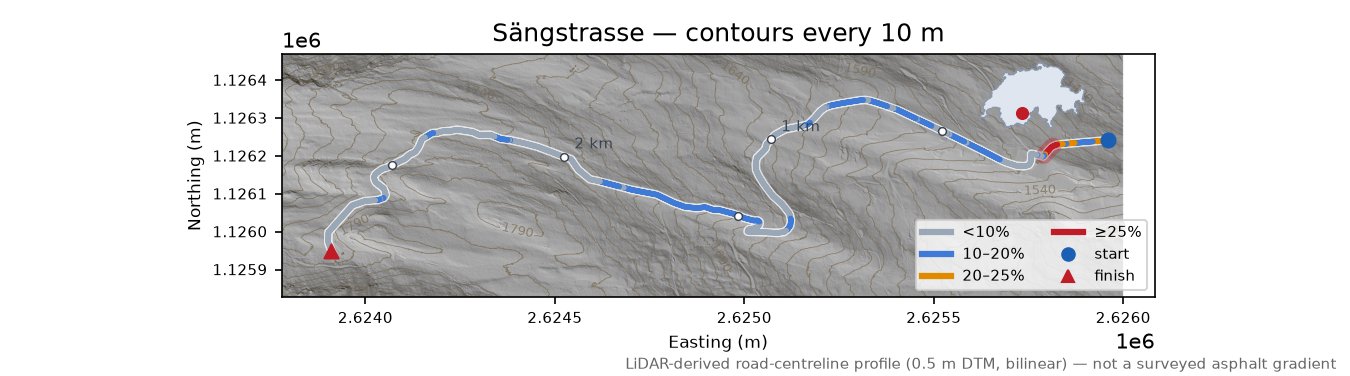 Sängstrasse LiDAR hillshade map with contours
