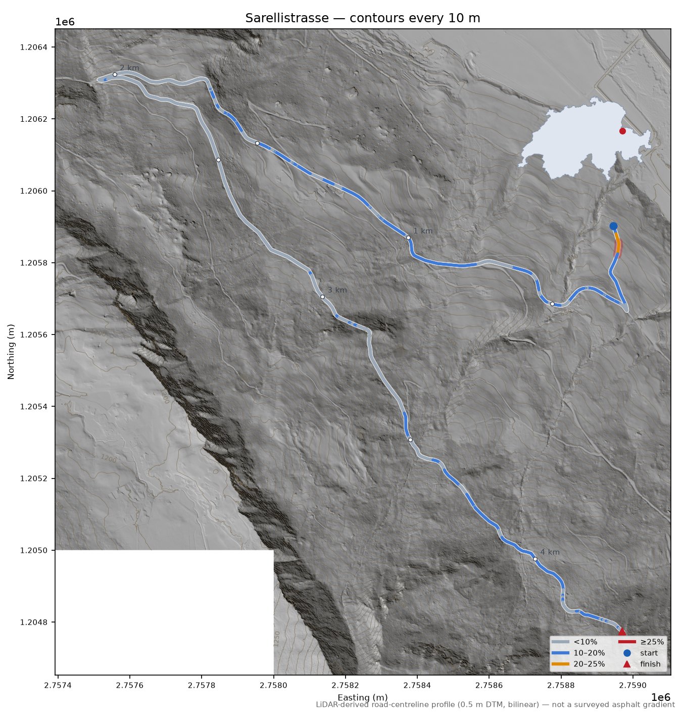 Sarellistrasse LiDAR hillshade map with contours