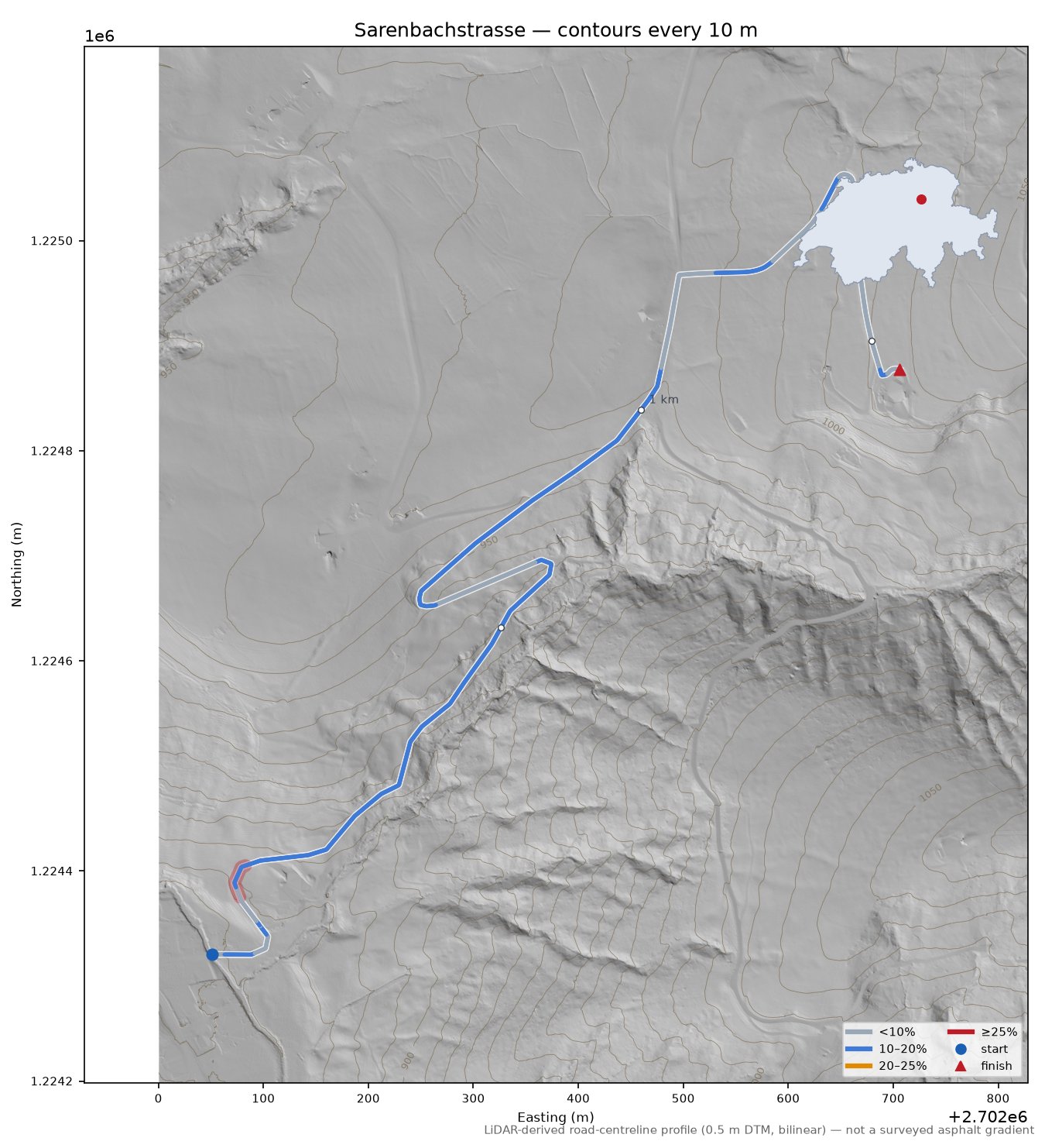 Sarenbachstrasse LiDAR hillshade map with contours