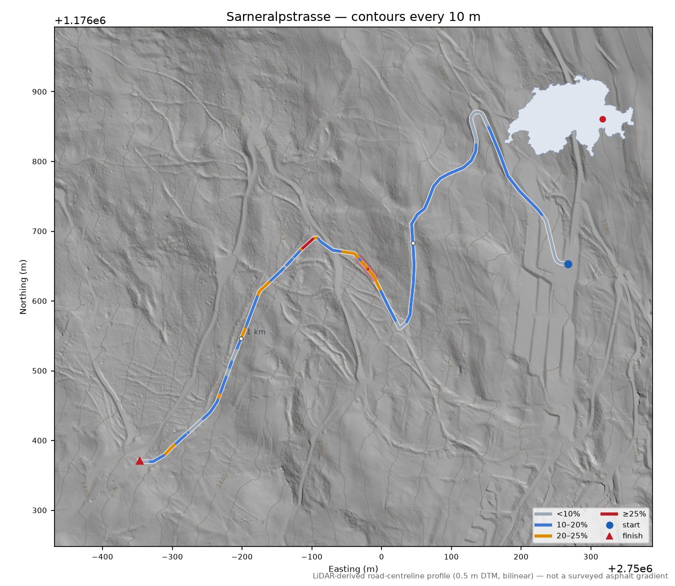 Sarneralpstrasse LiDAR hillshade map with contours