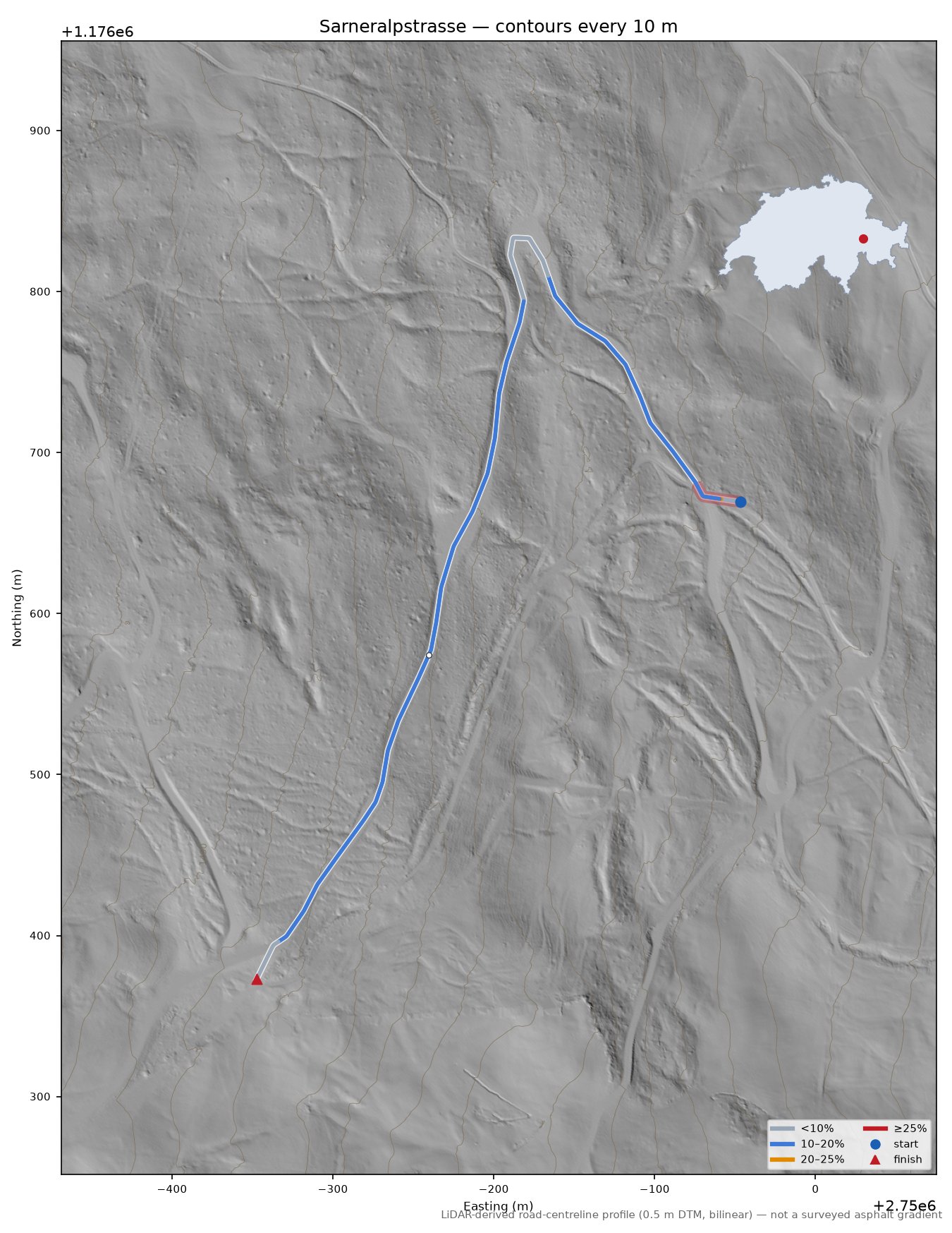 Sarneralpstrasse LiDAR hillshade map with contours