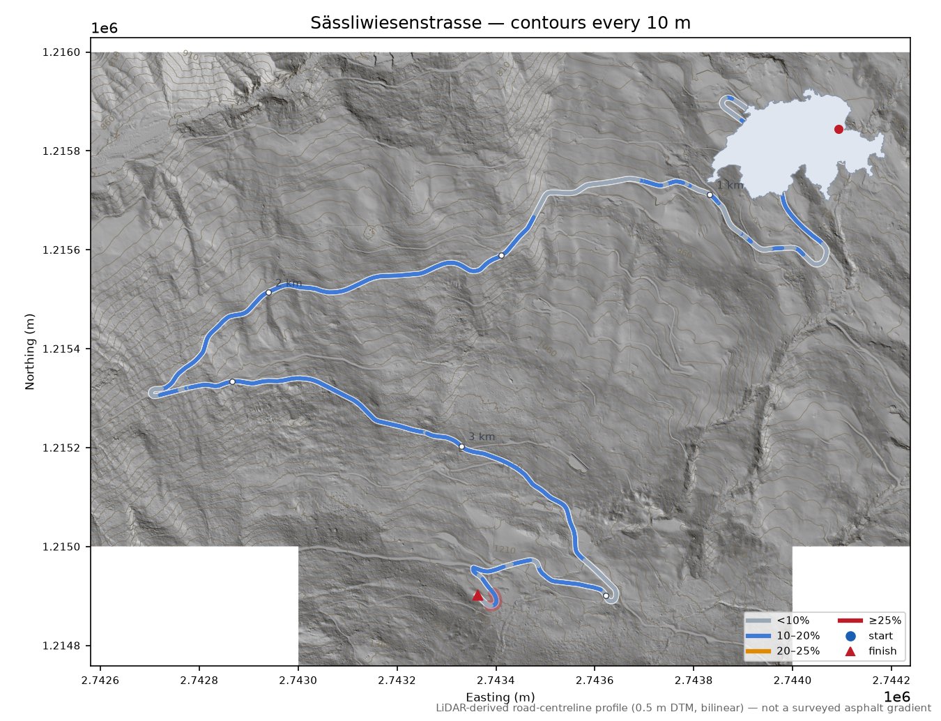 Sässliwiesenstrasse LiDAR hillshade map with contours
