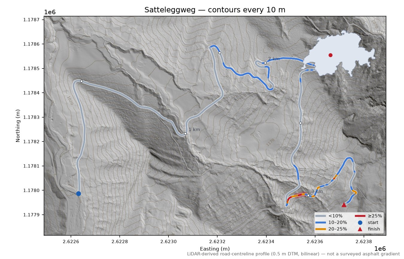 Satteleggweg LiDAR hillshade map with contours