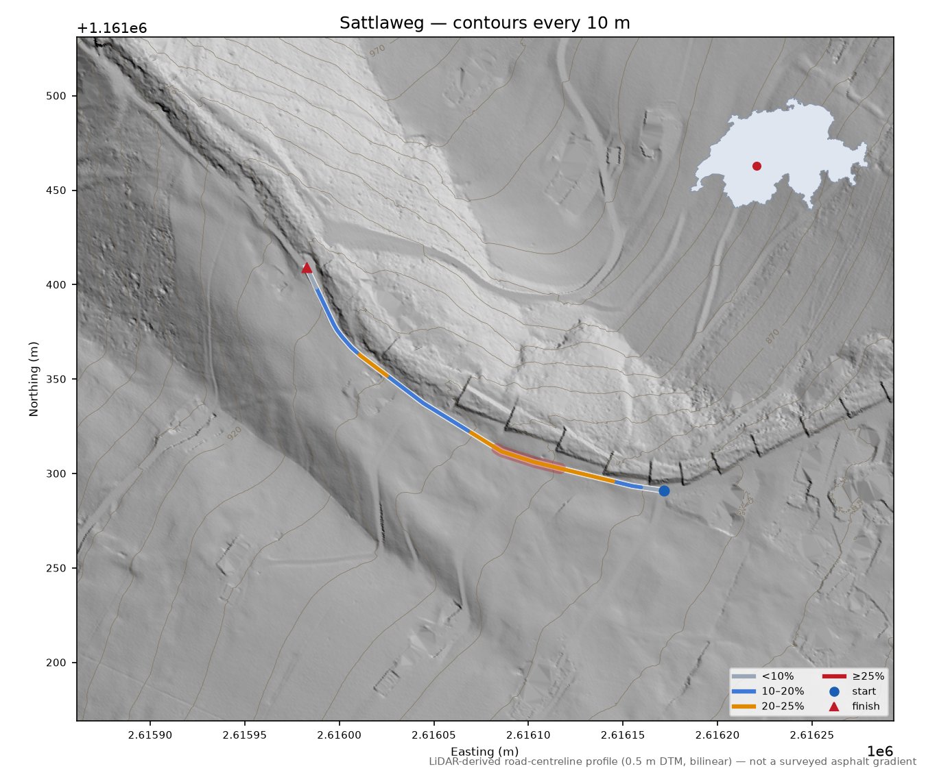 Sattlaweg LiDAR hillshade map with contours