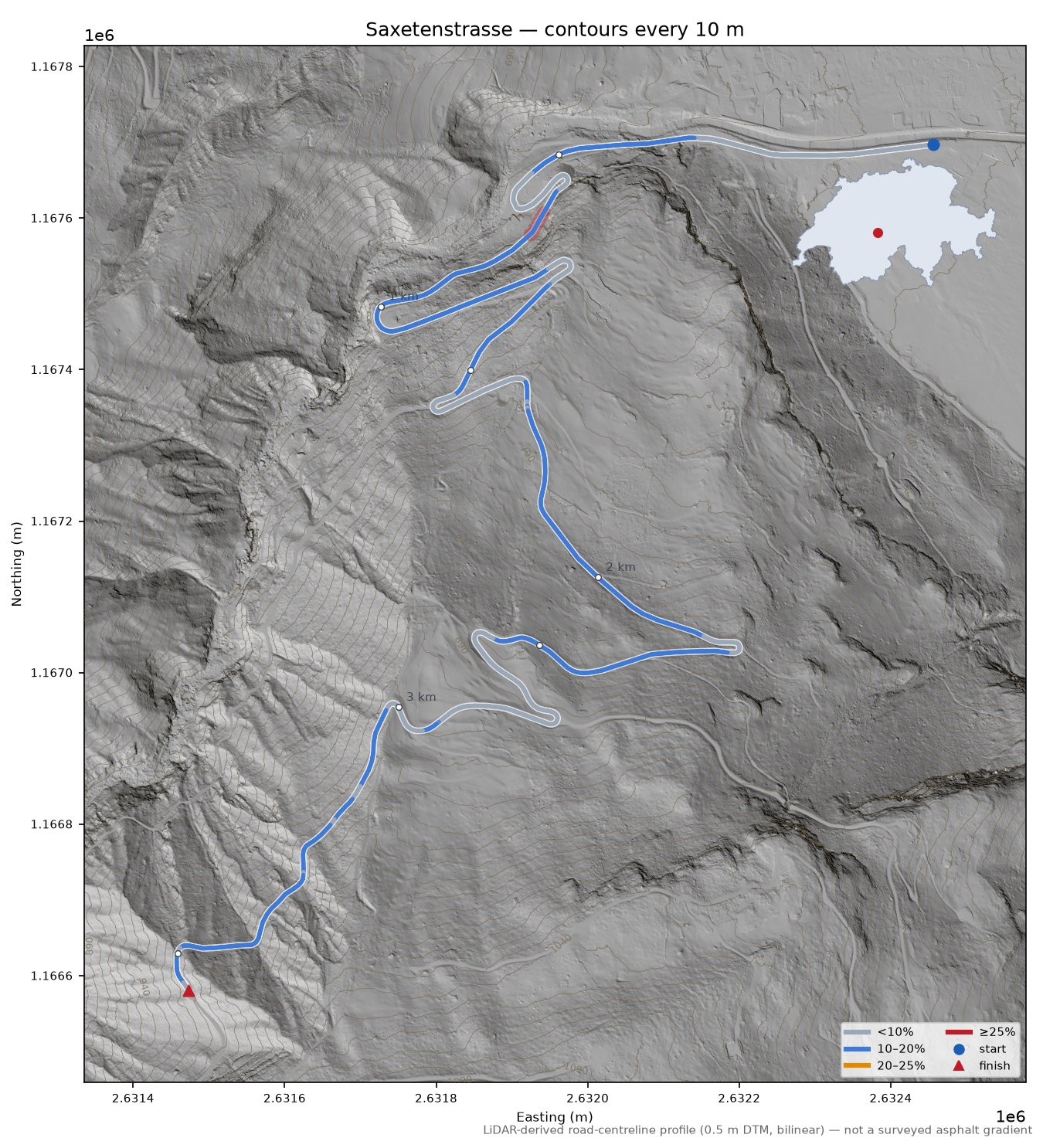Saxetenstrasse LiDAR hillshade map with contours