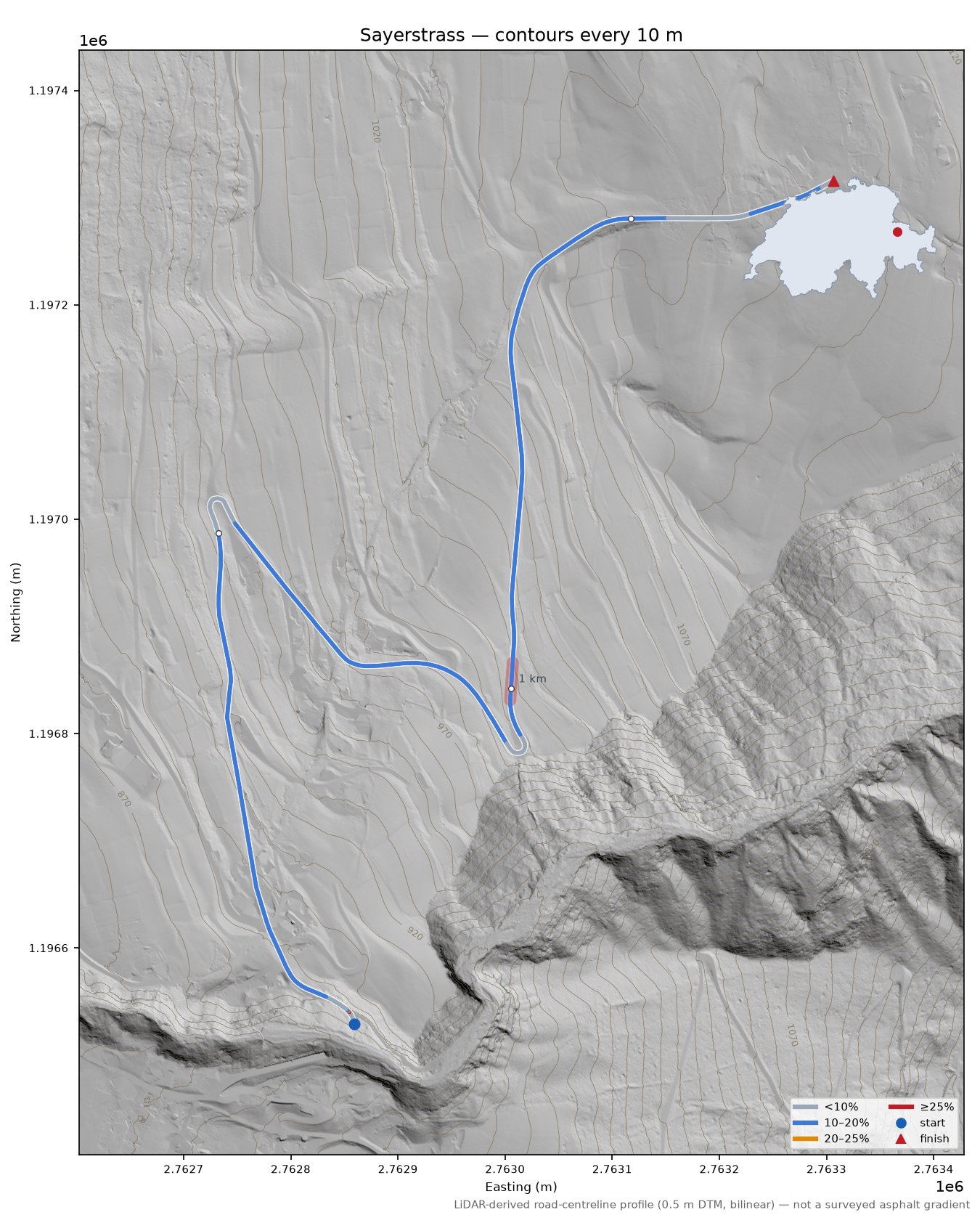 Sayerstrass LiDAR hillshade map with contours