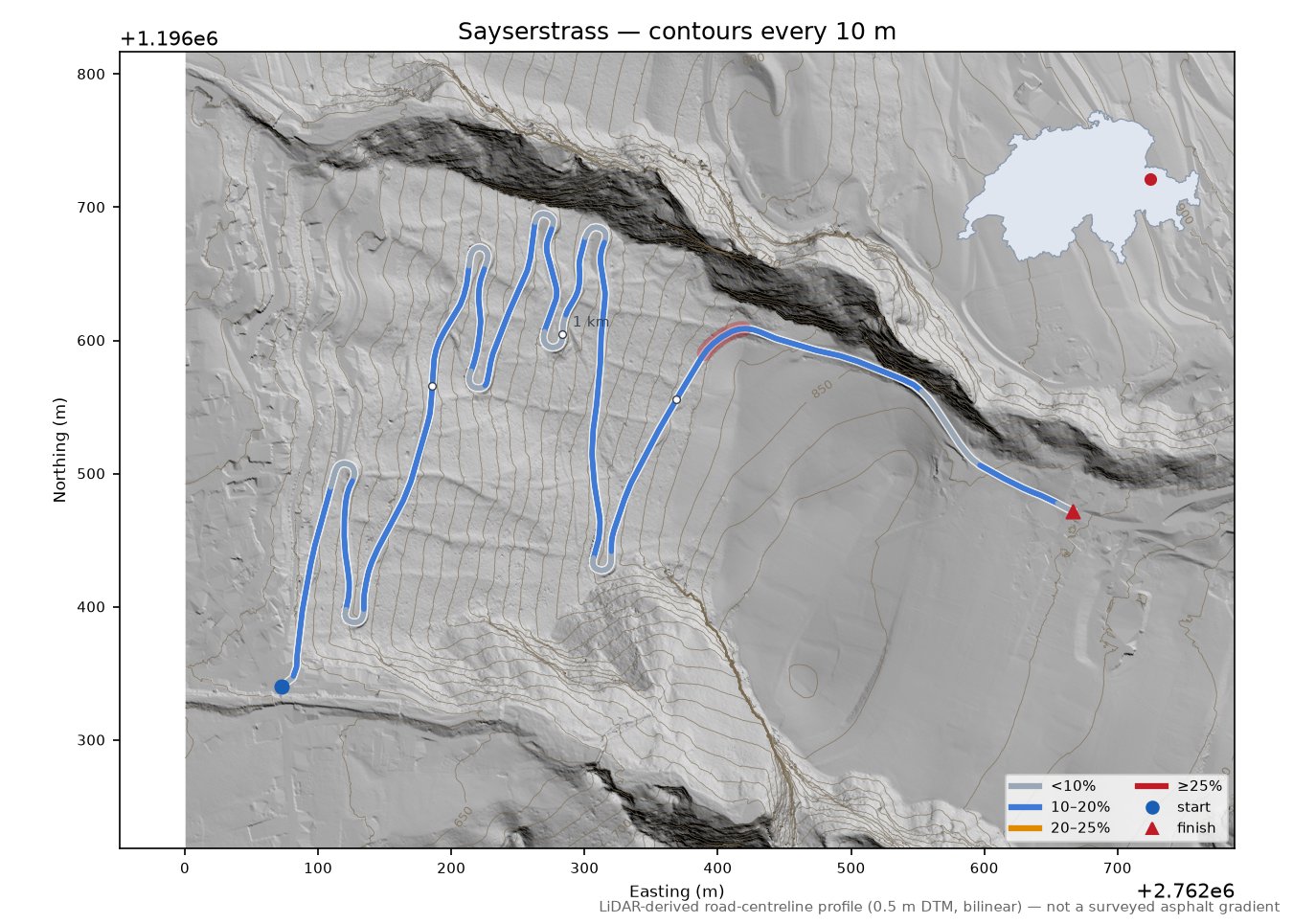 Sayserstrass LiDAR hillshade map with contours