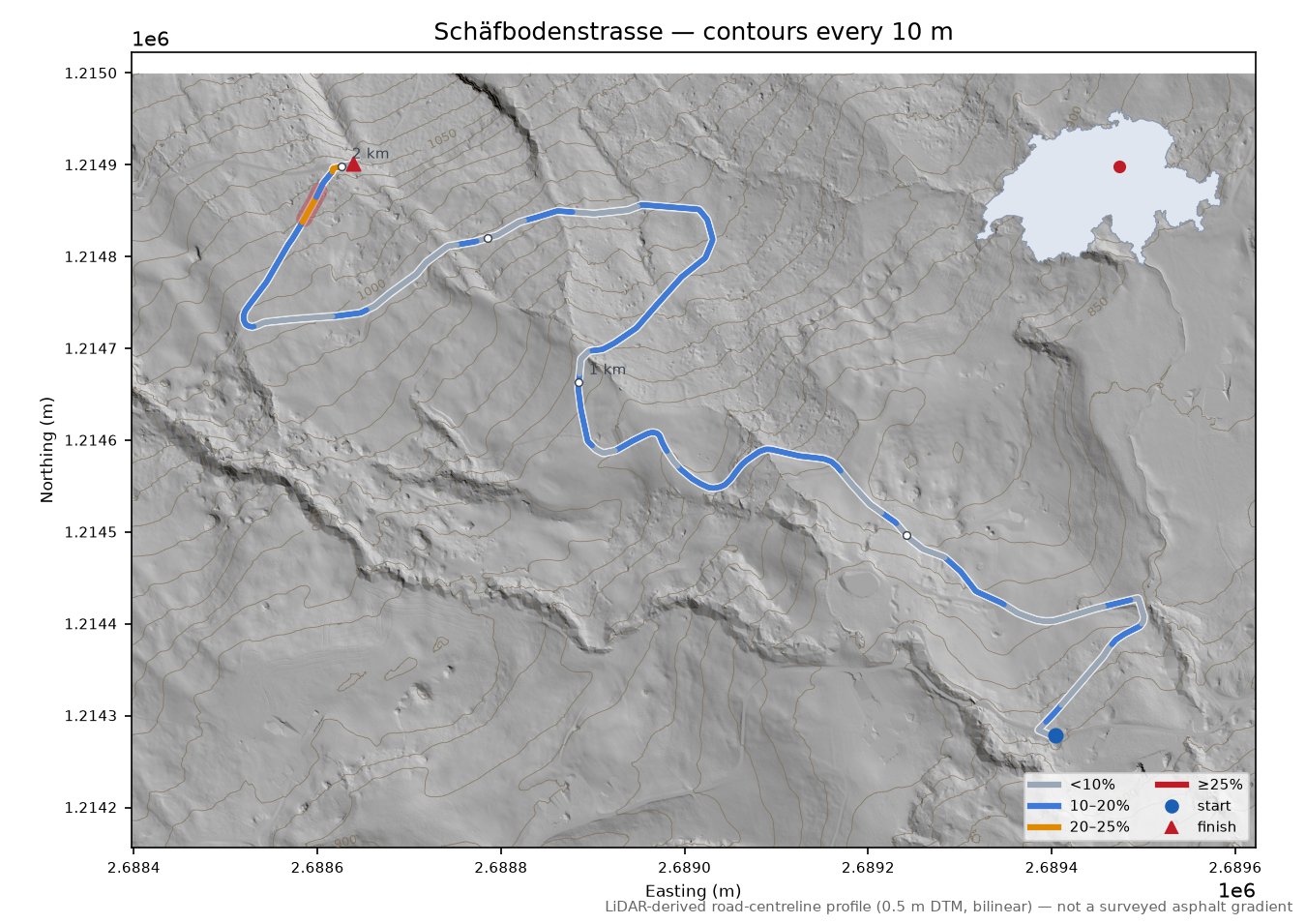 Schäfbodenstrasse LiDAR hillshade map with contours