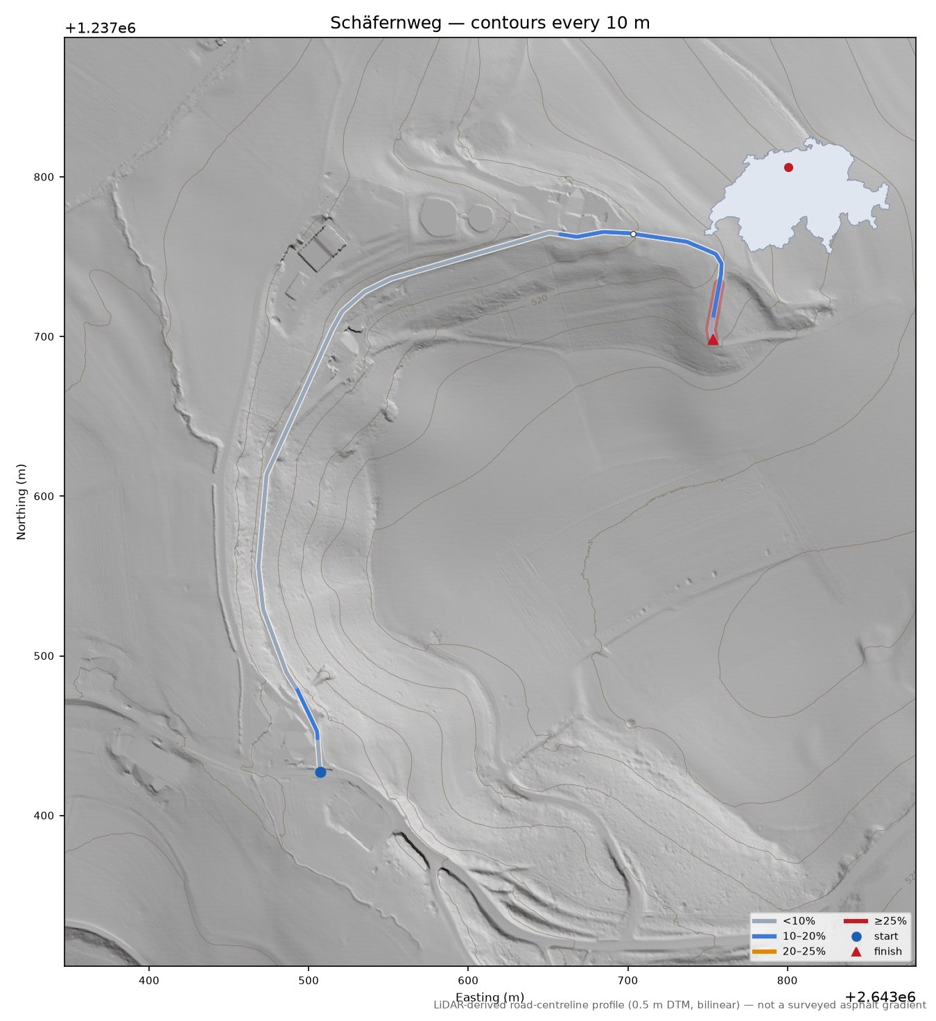 Schäfernweg LiDAR hillshade map with contours
