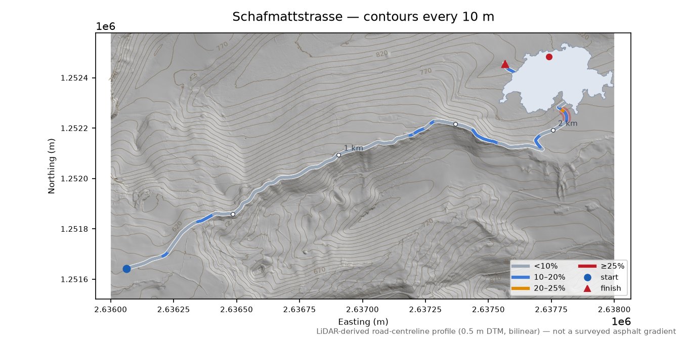 Schafmattstrasse LiDAR hillshade map with contours