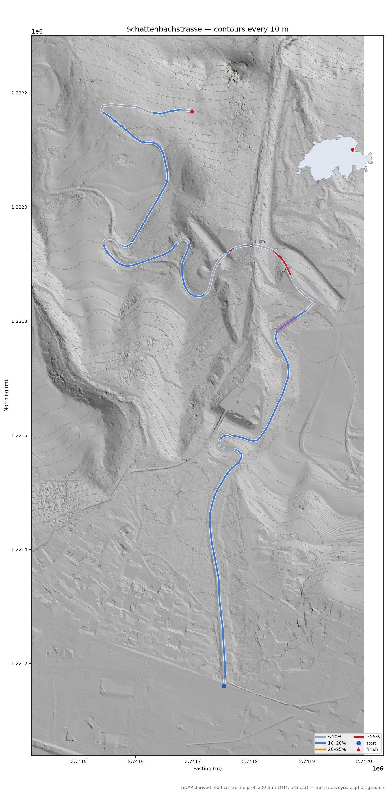 Schattenbachstrasse LiDAR hillshade map with contours