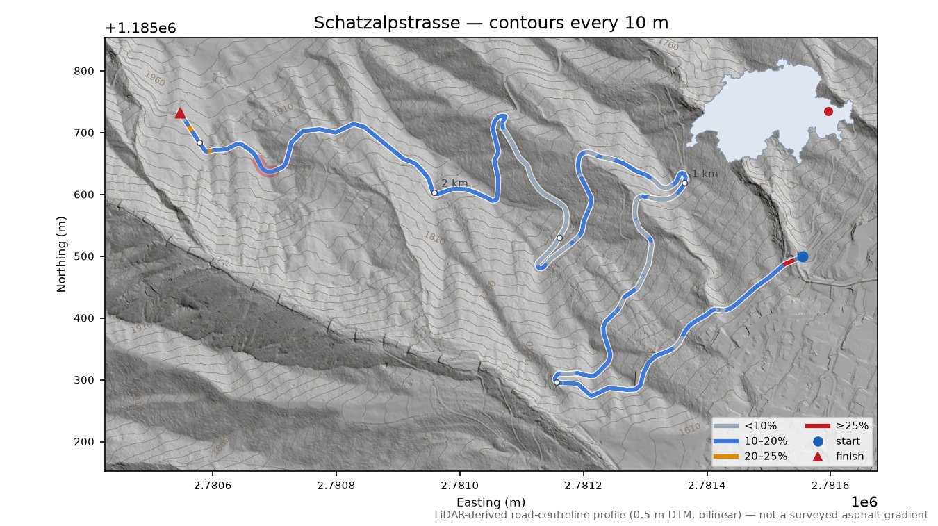 Schatzalpstrasse LiDAR hillshade map with contours
