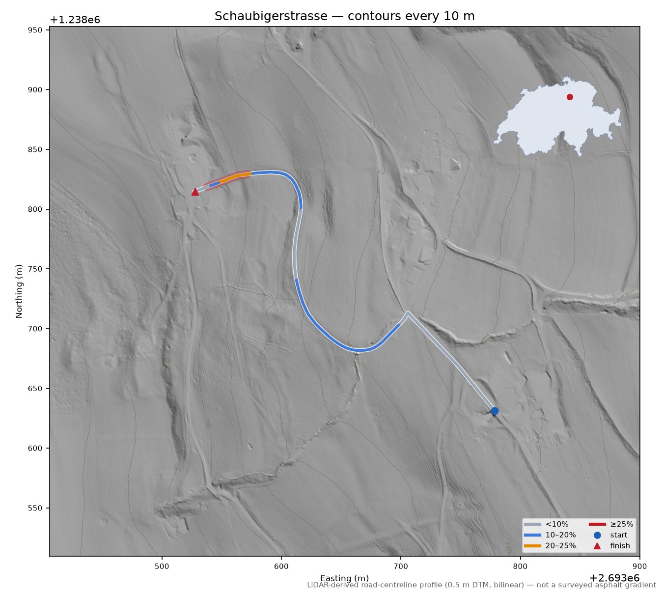 Schaubigerstrasse LiDAR hillshade map with contours
