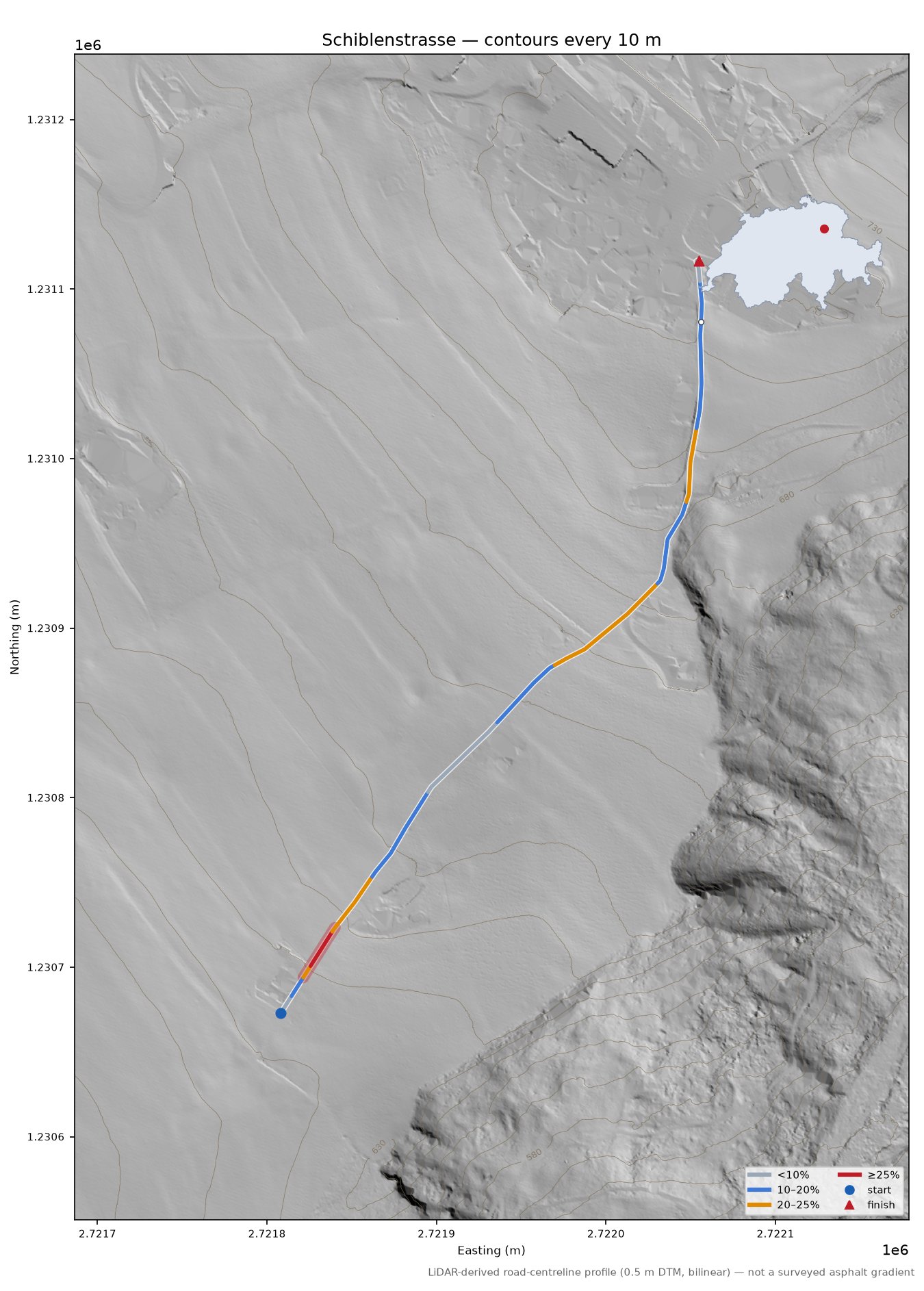 Schiblenstrasse LiDAR hillshade map with contours