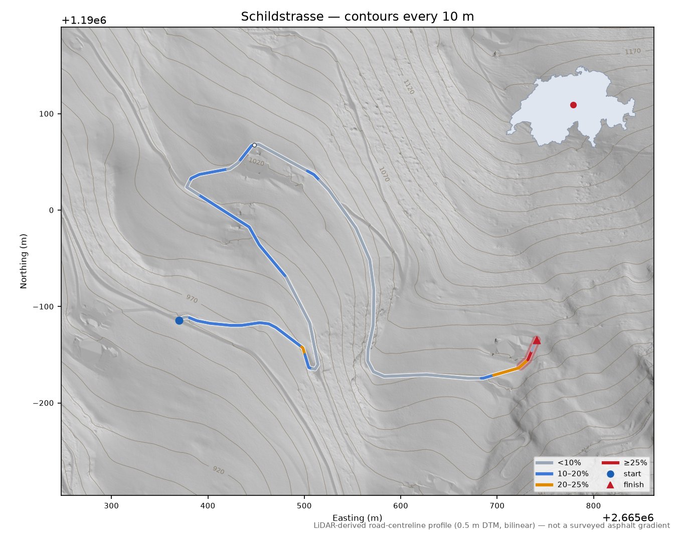 Schildstrasse LiDAR hillshade map with contours