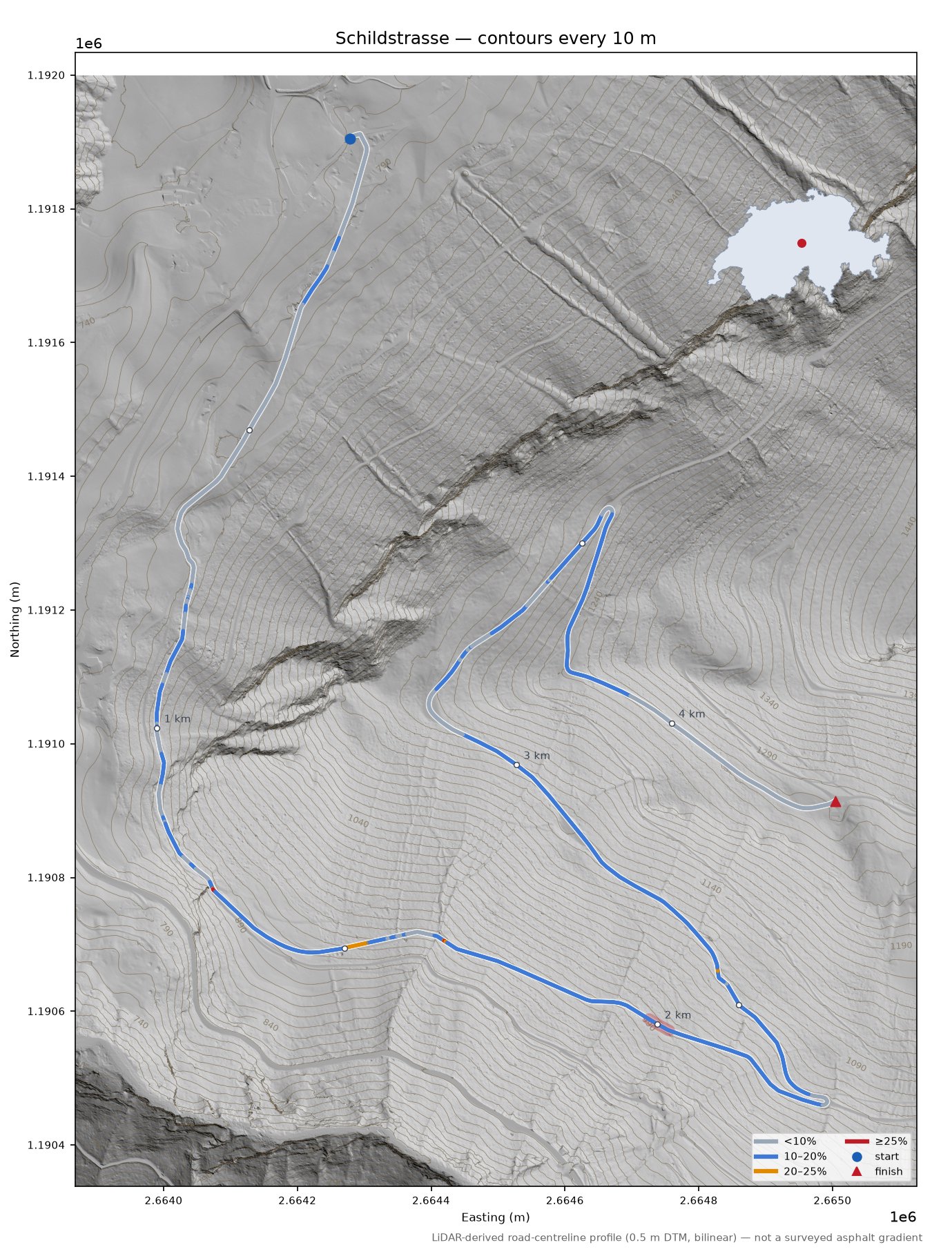 Schildstrasse LiDAR hillshade map with contours